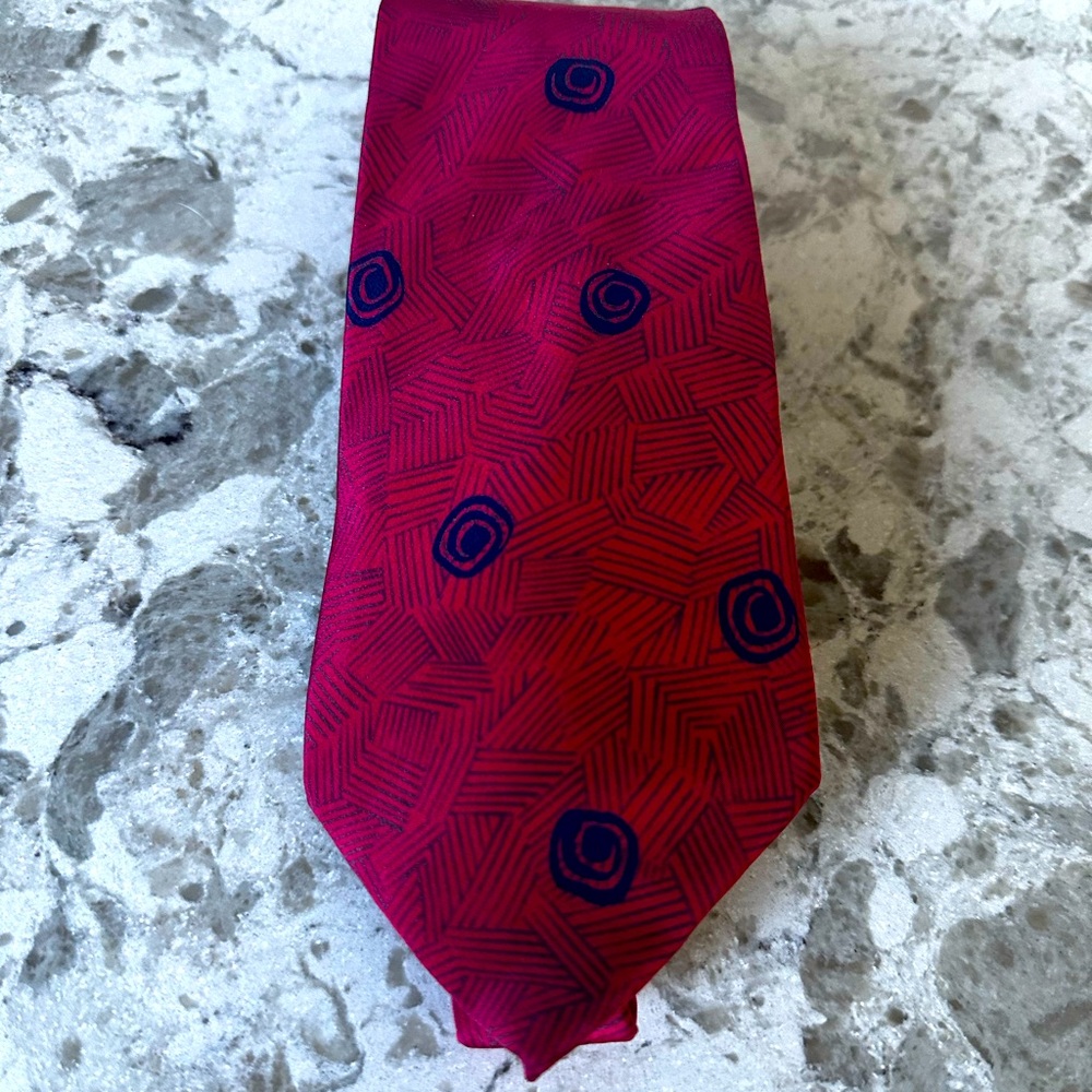 YSL 100% silk dark red tie with navy print.